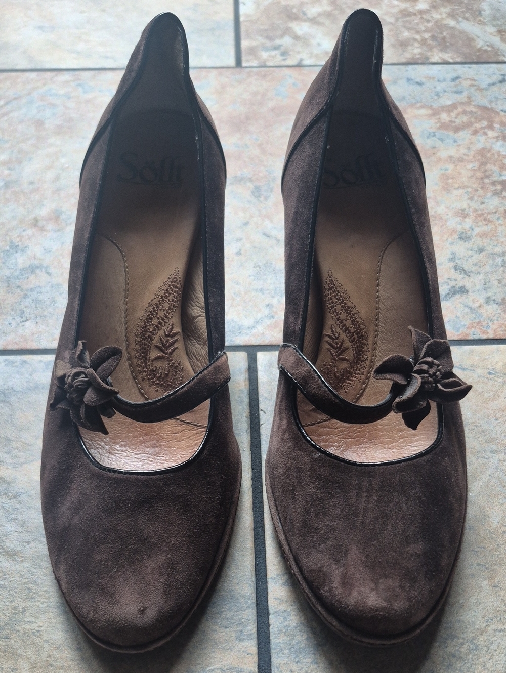 Sofft Brown Suede Mary Jane Heels with Floral Strap